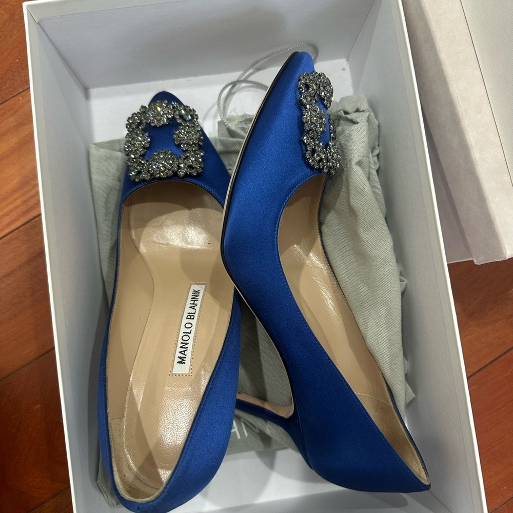 Manolo Blahnik Royal Blue Satin Heels with Embellished Buckle